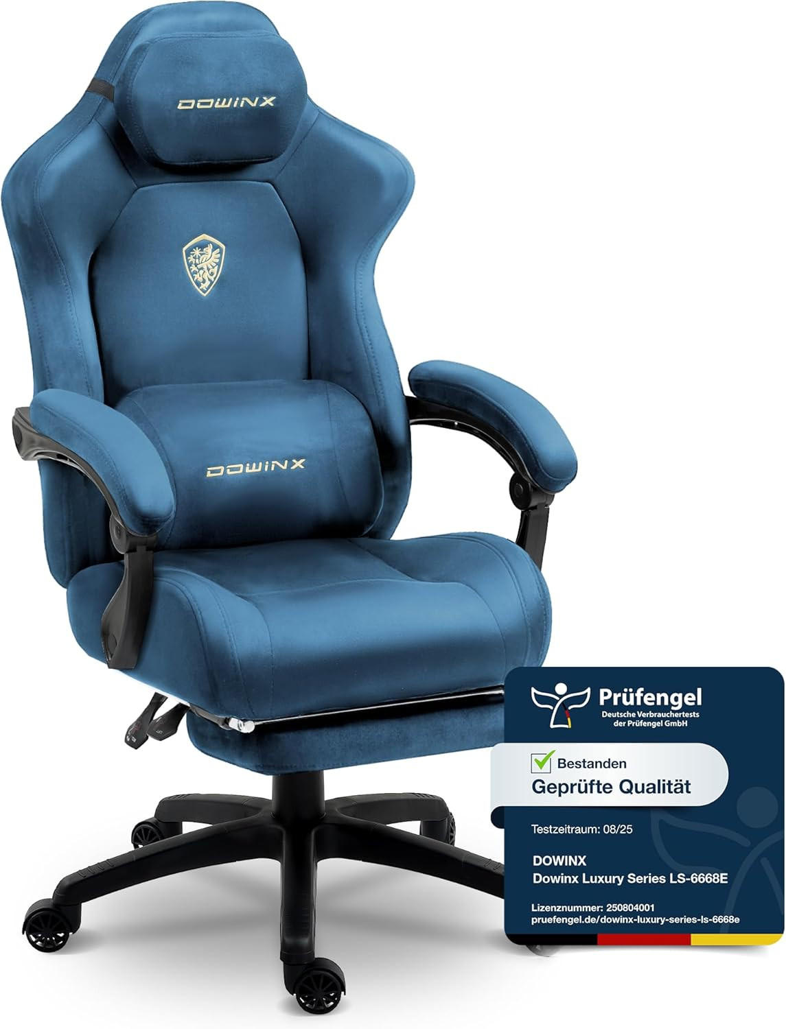 GAMING-STUHL Mikrofaser-Velours & Lendenkissen, Fußstütze 160° Neigbar - Blau, Leder (70/132/70cm)