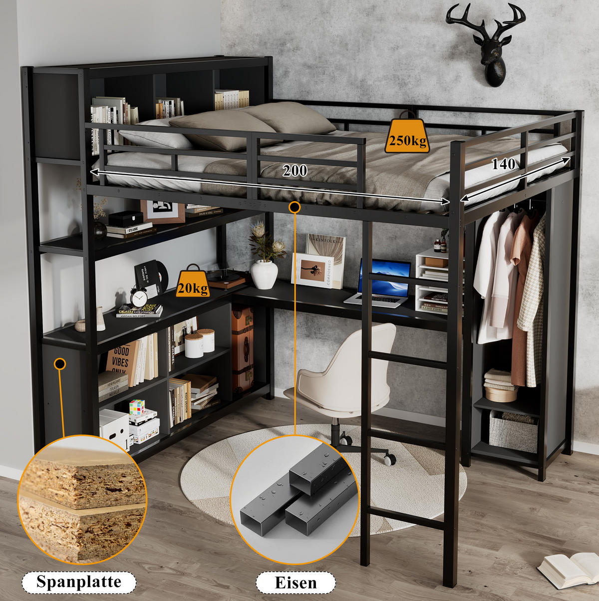 HOCHBETT 140/200 cm Schwarz aus Eisen und Spanplatte mit Schreibtisch und Kleiderschrank - Schwarz, Metall (90/200cm) - OKMYHOME