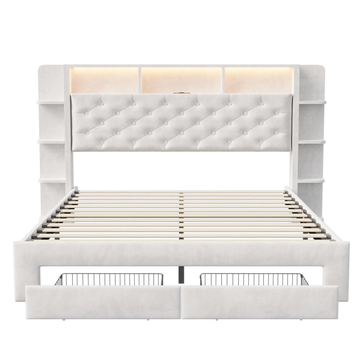 POLSTERBETT 160x200 Cm Velours Mit LED, USB & 2 Schubladen Weiß - Weiß, Holz (160/200cm)