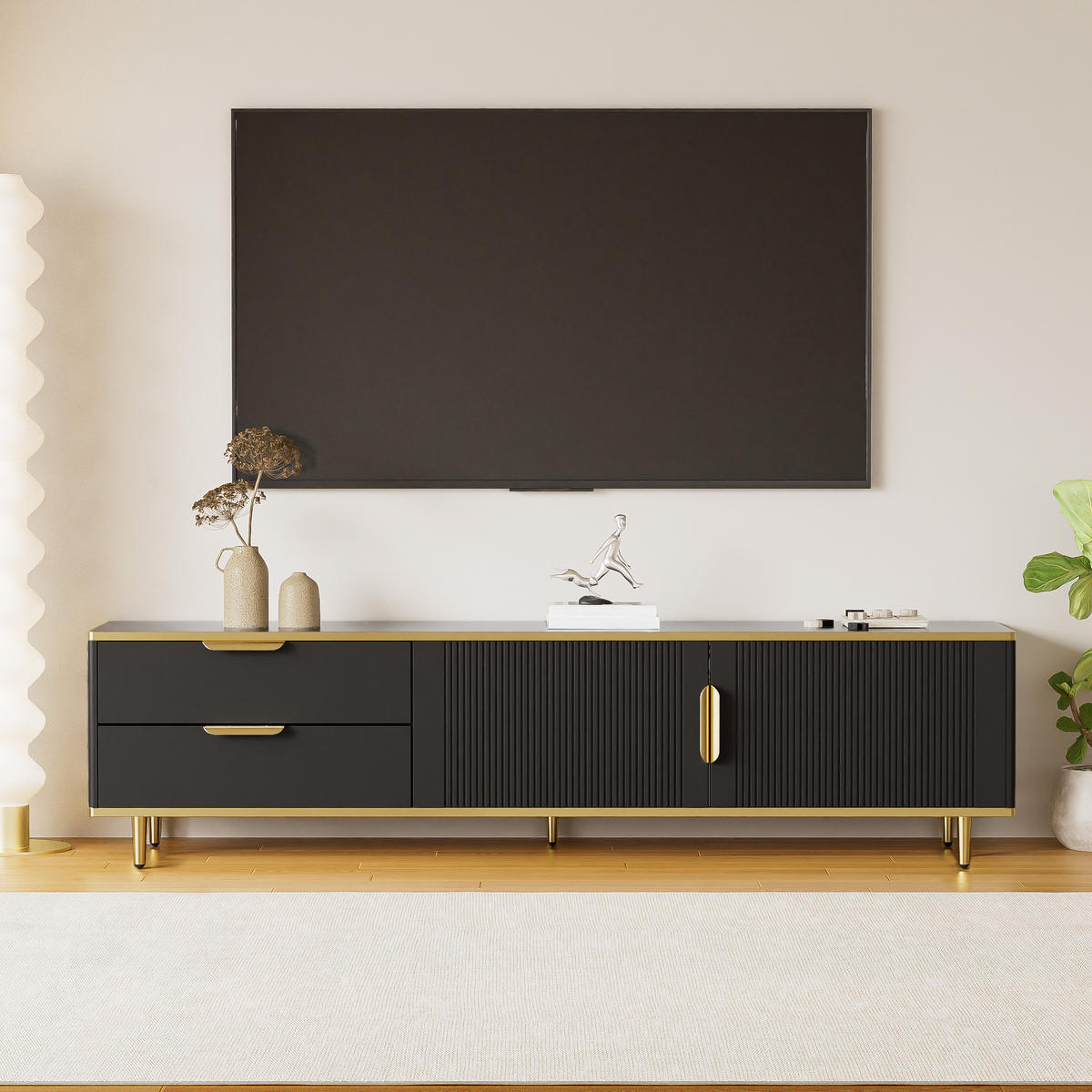 TV-SCHRANK Lowboard Schwarz geschnitzte Struktur goldene Griffe - Schwarz, Holz (41/18/107cm) - FLIEKS