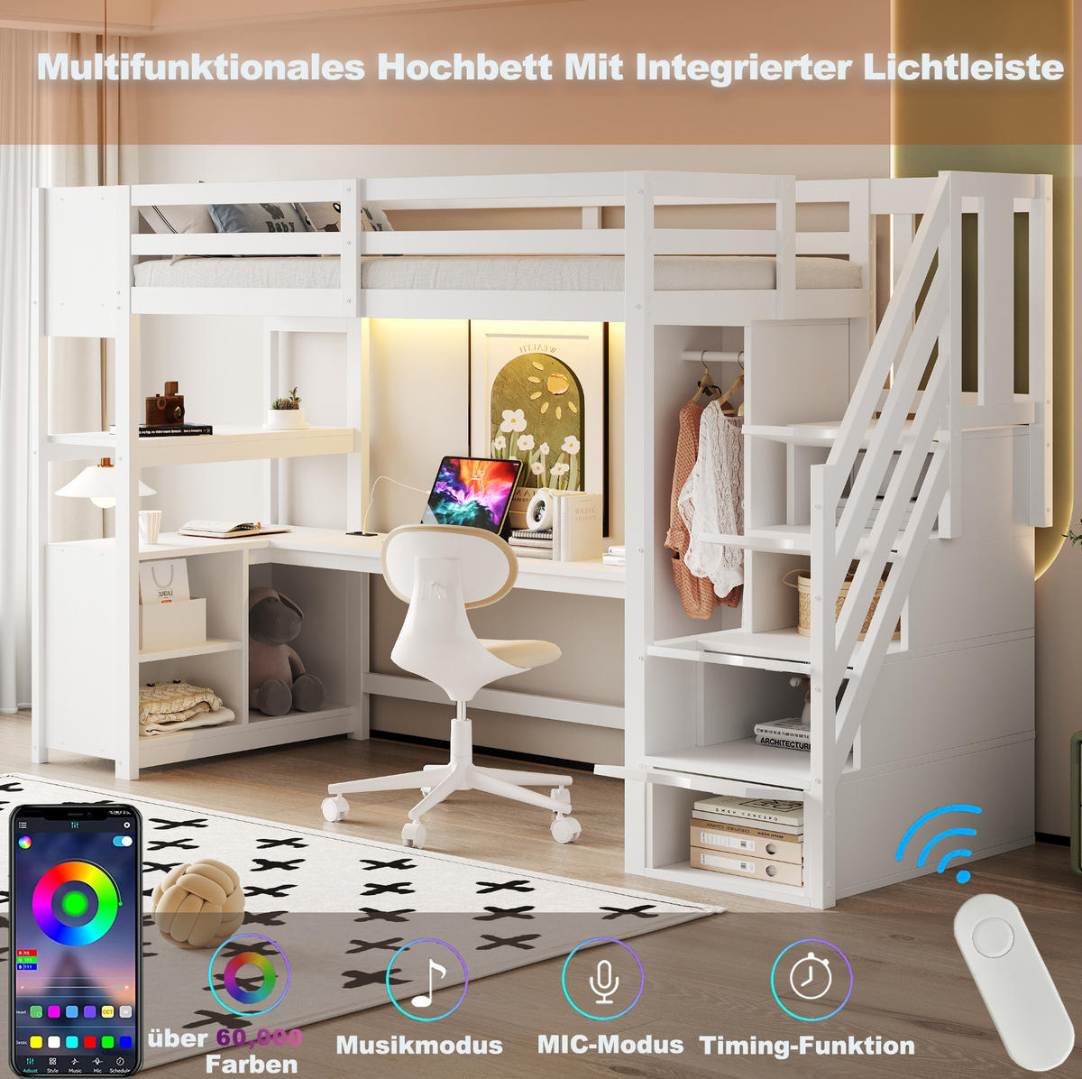 HOCHBETT 90/200 cm mit Schreibtisch, Kleiderschrank, Stauraumtreppe, LED und Steckdose aus , Weiß - Weiß, Holzwerkstoff (90/200cm) - Redom