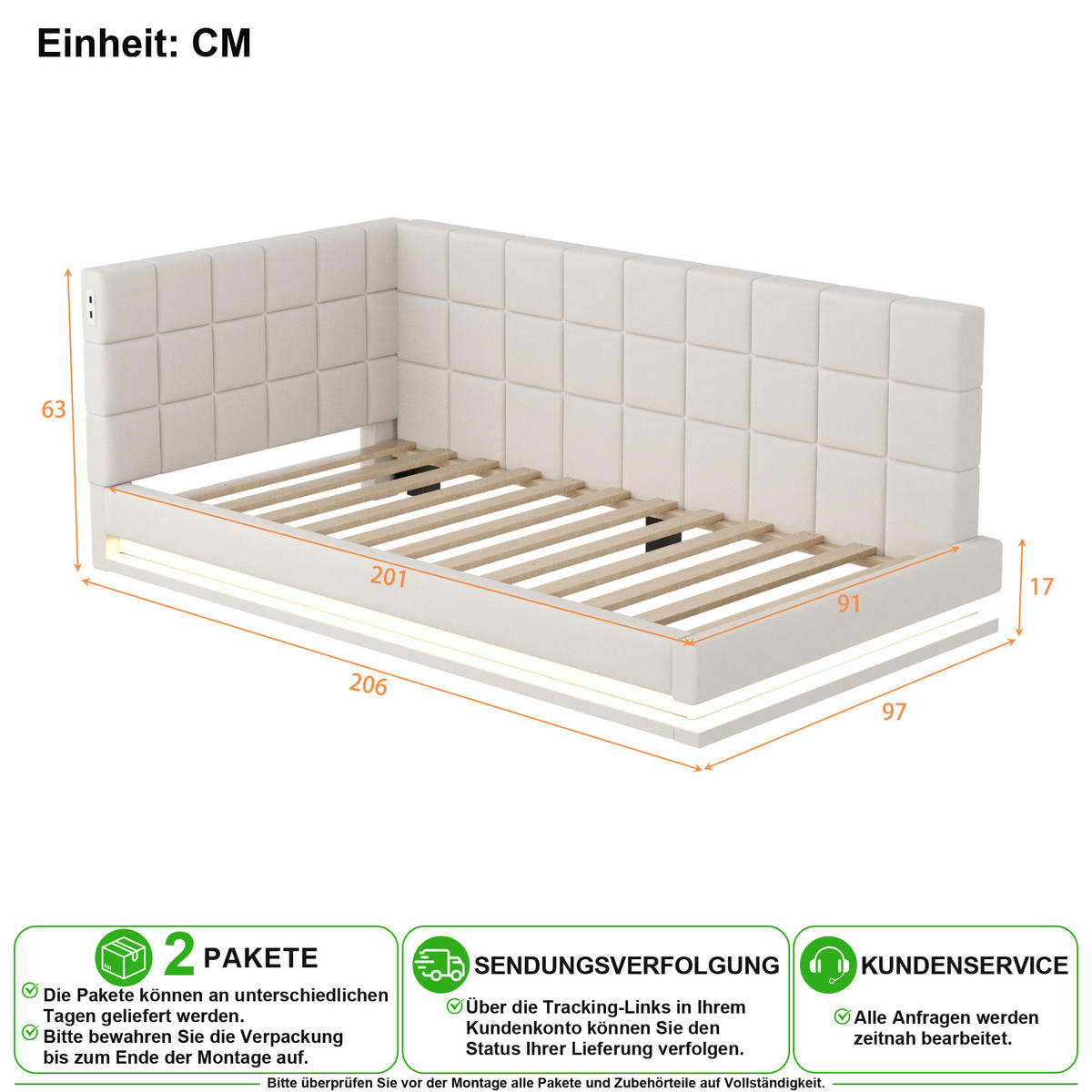 SCHLAFSOFA 90/200 cm in Beige mit LED und USB Leinen - Beige, Holzwerkstoff/Textil (90/200cm) - CHICFURN