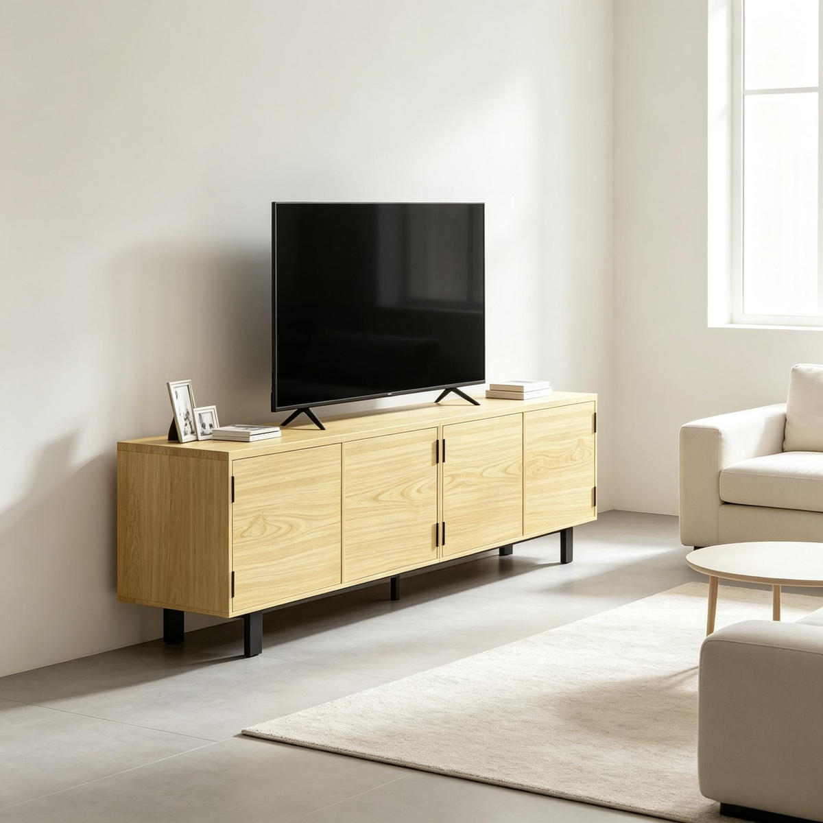 TV-SCHRANK 180/35/55.5 cm Natürlich mit 4 Drucktüren - Schwarz/Naturfarben, Holz/Holzwerkstoff (180/55.5/35cm) - Oxeza