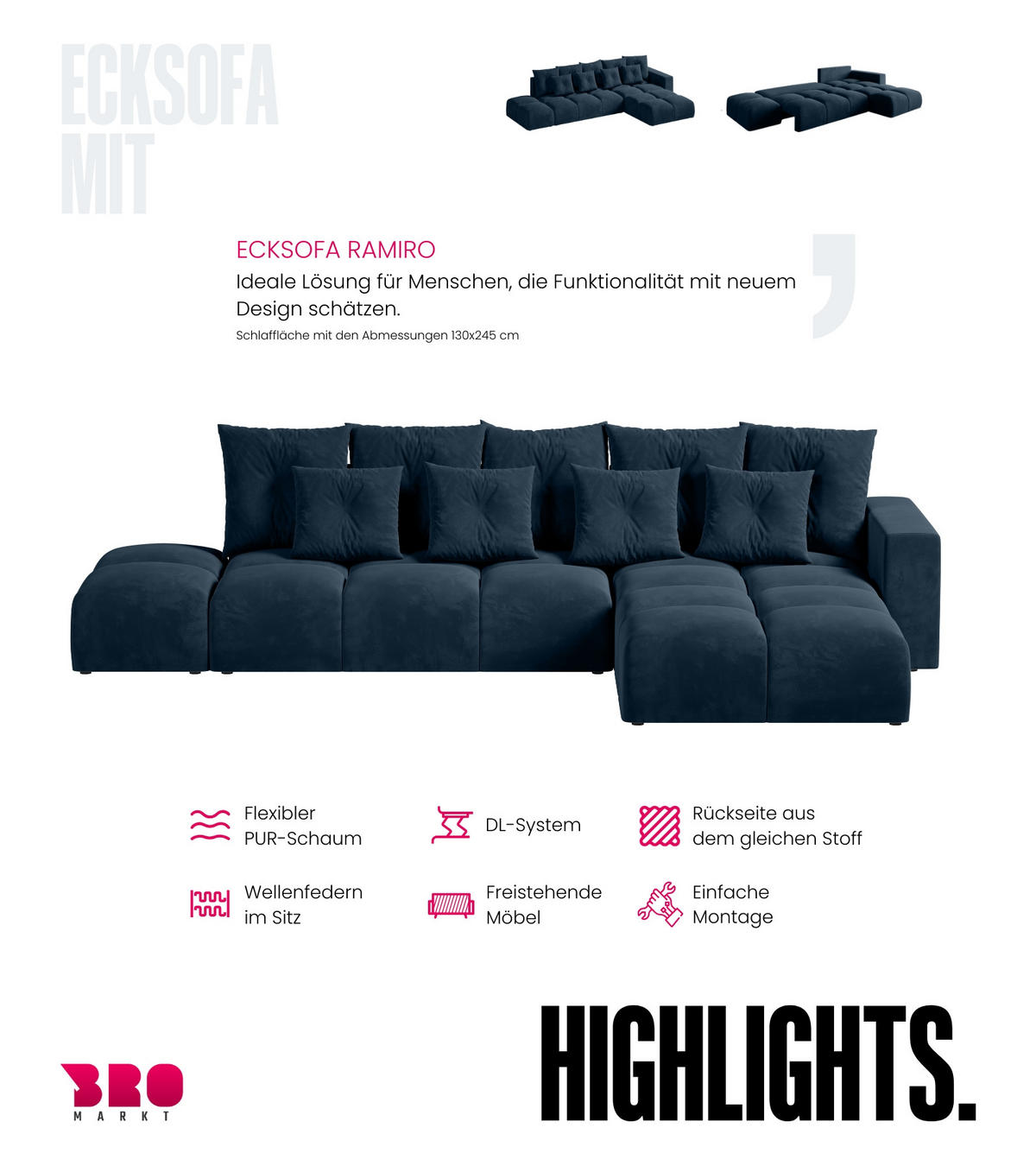 ECKSOFA mit Schlaffunktion RAMIRO Blau - Blau, Textil (325/185cm)