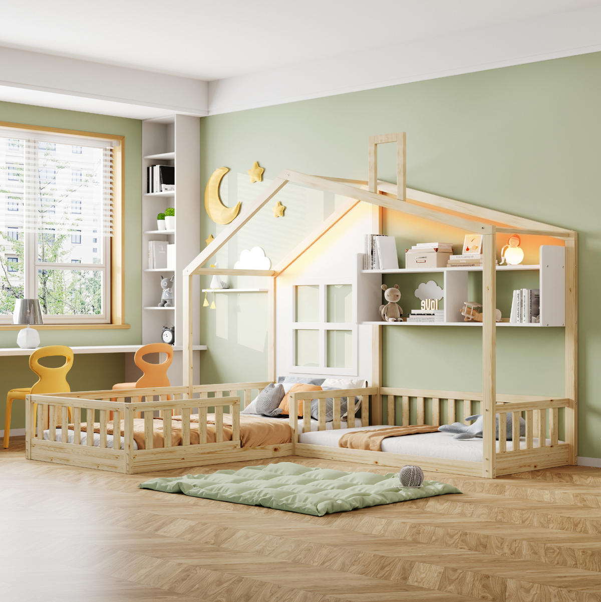 HAUSBETT 90/200 cm in Natur/Weiß aus Massivholz/MDF mit LED und Regalen - Naturfarben, Holz (90/200cm) - OKMYHOME