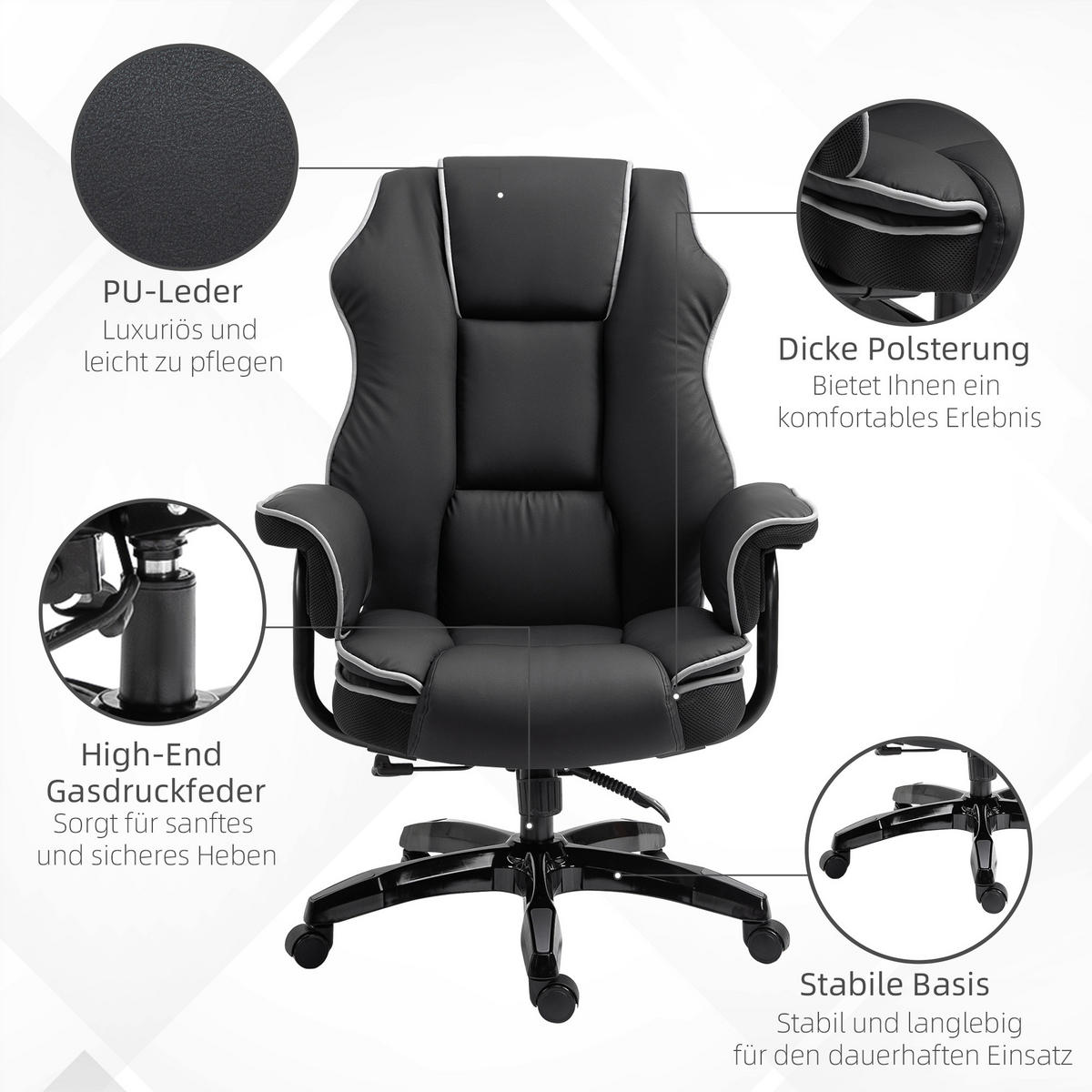 ERGONOMISCHER Bürostuhl, Schwarz - Schwarz, Leder (80/124/76cm) - Vinsetto
