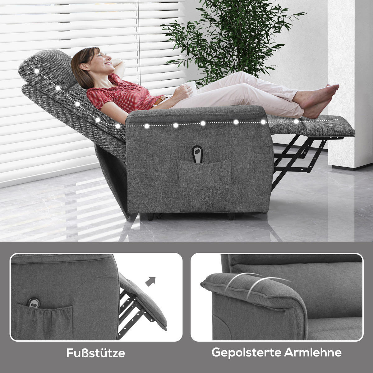 FERNSEHSESSEL MIT AUFSTEHHILFE, Grau, Polyester, Stahl - Grau, Kunststoff (90/96/66cm) - HOMCOM