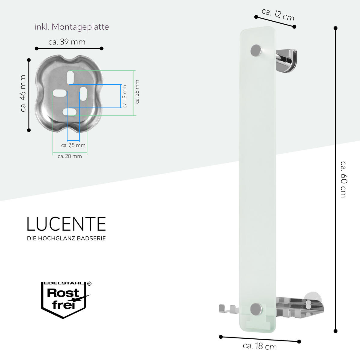 GLASHANDTUCHHALTER LUCENTE 2in1, aus Glas und Edelstahl - Chromfarben, Glas (18/60/10cm) - bremermann