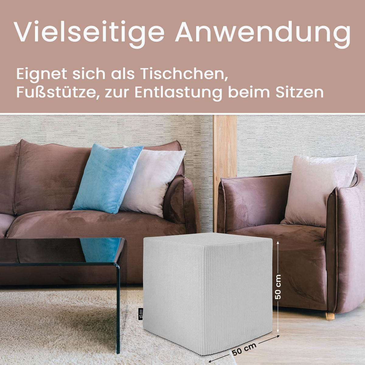 SITZWÜRFEL QUBIK 50/50/50 cm Cord Cool Gray - Hellgrau, Textil (50/50/50cm) - Dreamroots