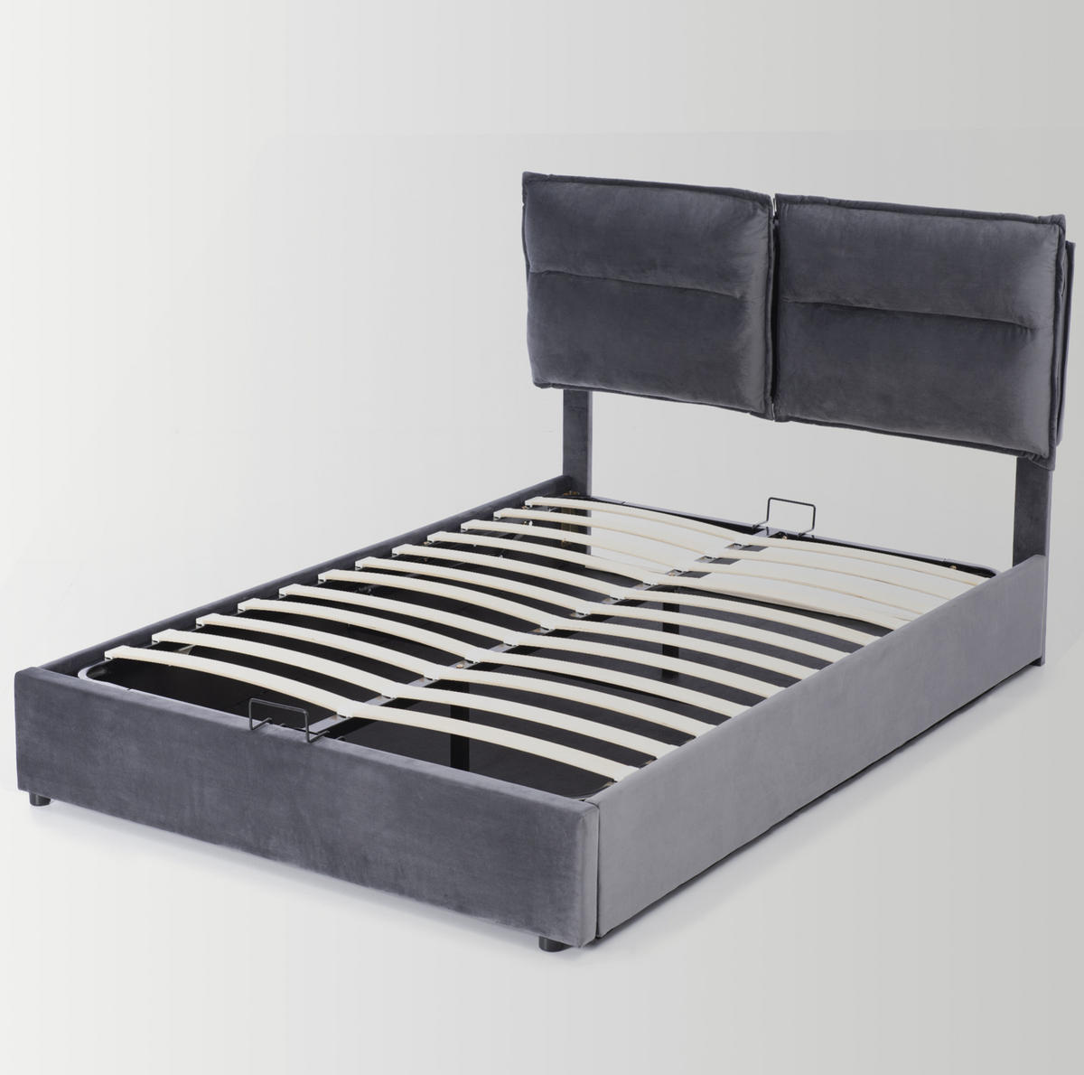 SAMT-POLSTERBETT 140/200 cm Grau mit Bettkasten, verstellbarem Kopfteil und Matratze - Grau, Textil (140/200cm) - BEAOK