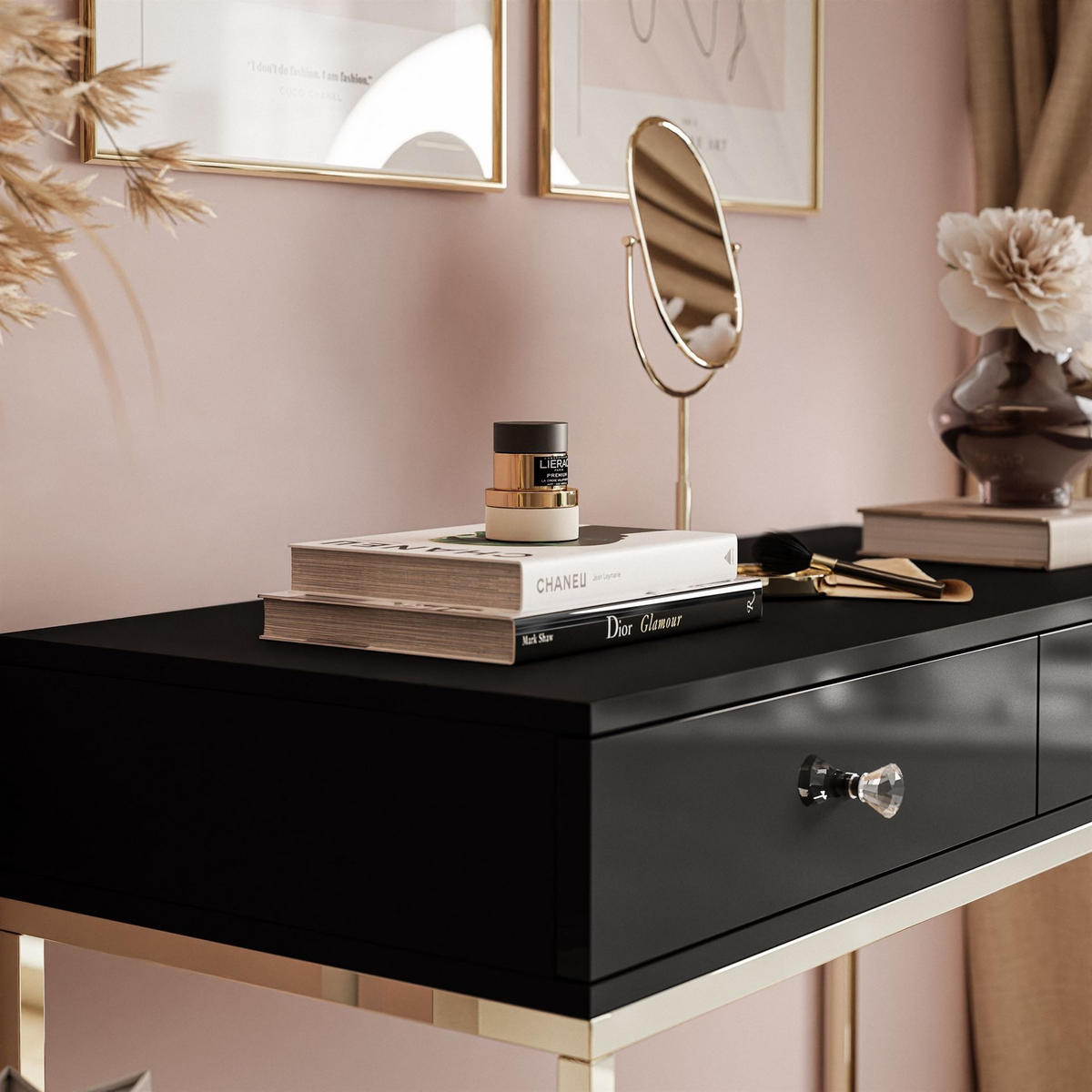 KONSOLE BLANCO mit Schubladen GOLD CHROM Schwarz Hochglanz Kristallgriff - Schwarz Hochglanz, Holzwerkstoff (42/100/81cm) - Lookway