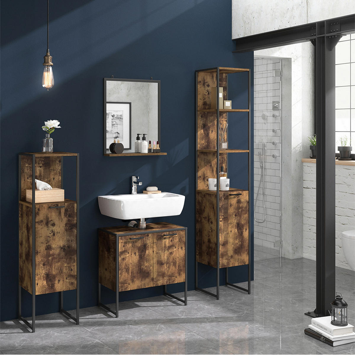 BADMÖBEL-SET Fyrk Antikholz 4 Teile, mit Hochschrank - Alteiche/Schwarz, Holzwerkstoff (60/60/33cm) - Vicco