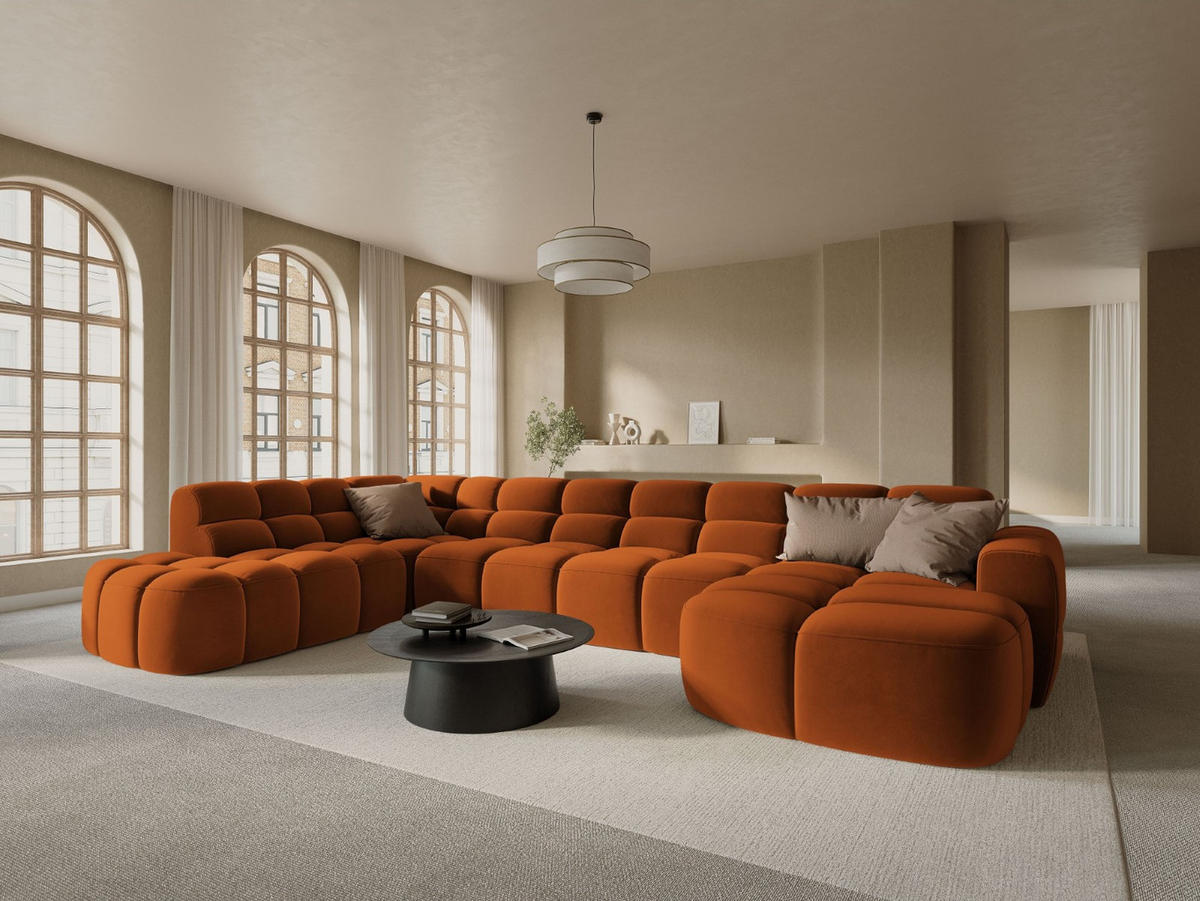 PANORAMASOFA links Lisa aus Samt terrakotta 7 Sitzplätze - Terracotta, Textil (234/77/387cm) - Micadoni