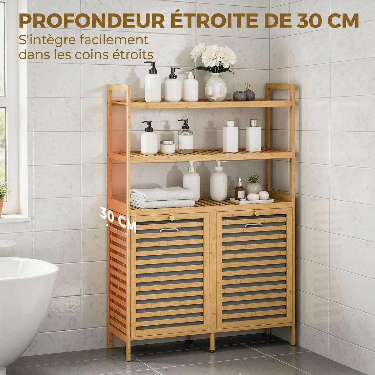 BADEZIMMERSCHRANK Natur mit 2 Wäschekörben und 3 Ablagen - Eichefarben, Holz (80/118/30cm) - PANGIVO