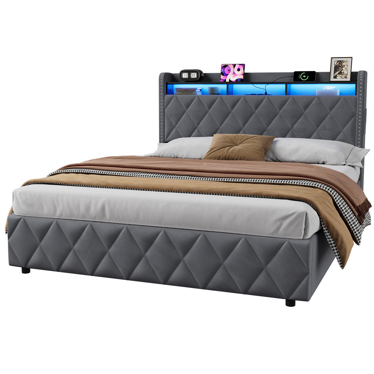 POLSTERBETT 160/200 cm in Dunkelgrau Samt mit hydraulischem Bettkasten, LED und USB - Grau, Holzwerkstoff/Textil (160/200cm) - CHICFURN