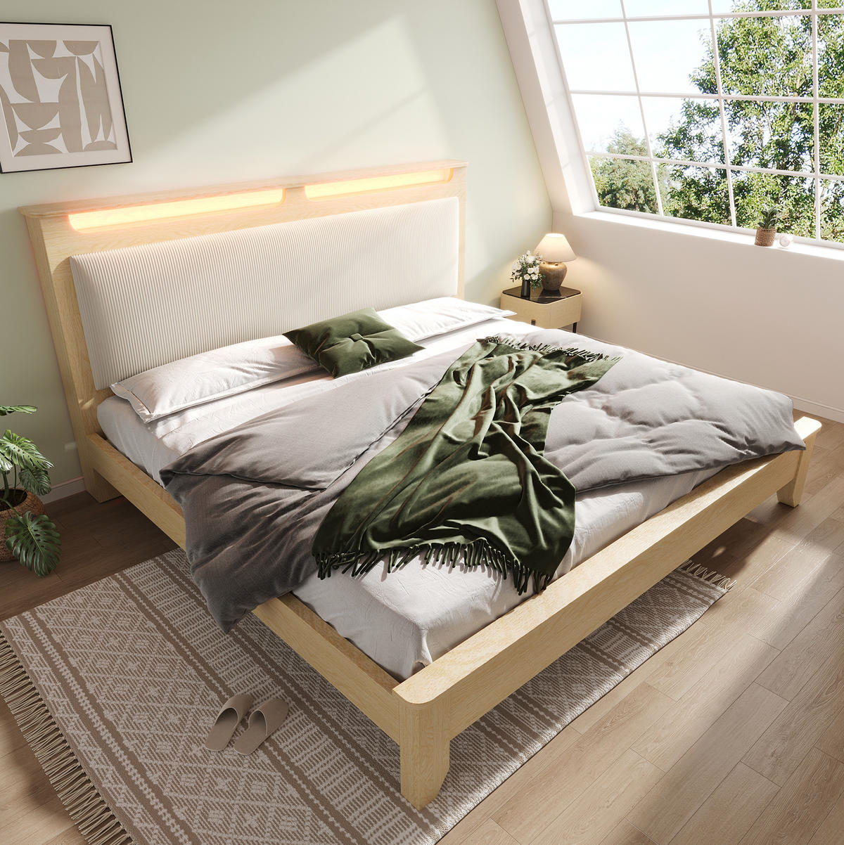POLSTERBETT mit LED-Beleuchtung 180/200 cm mit Cord-Kopfteil und Lattenrost - Beige, Textil (180/200cm) - BEAOK