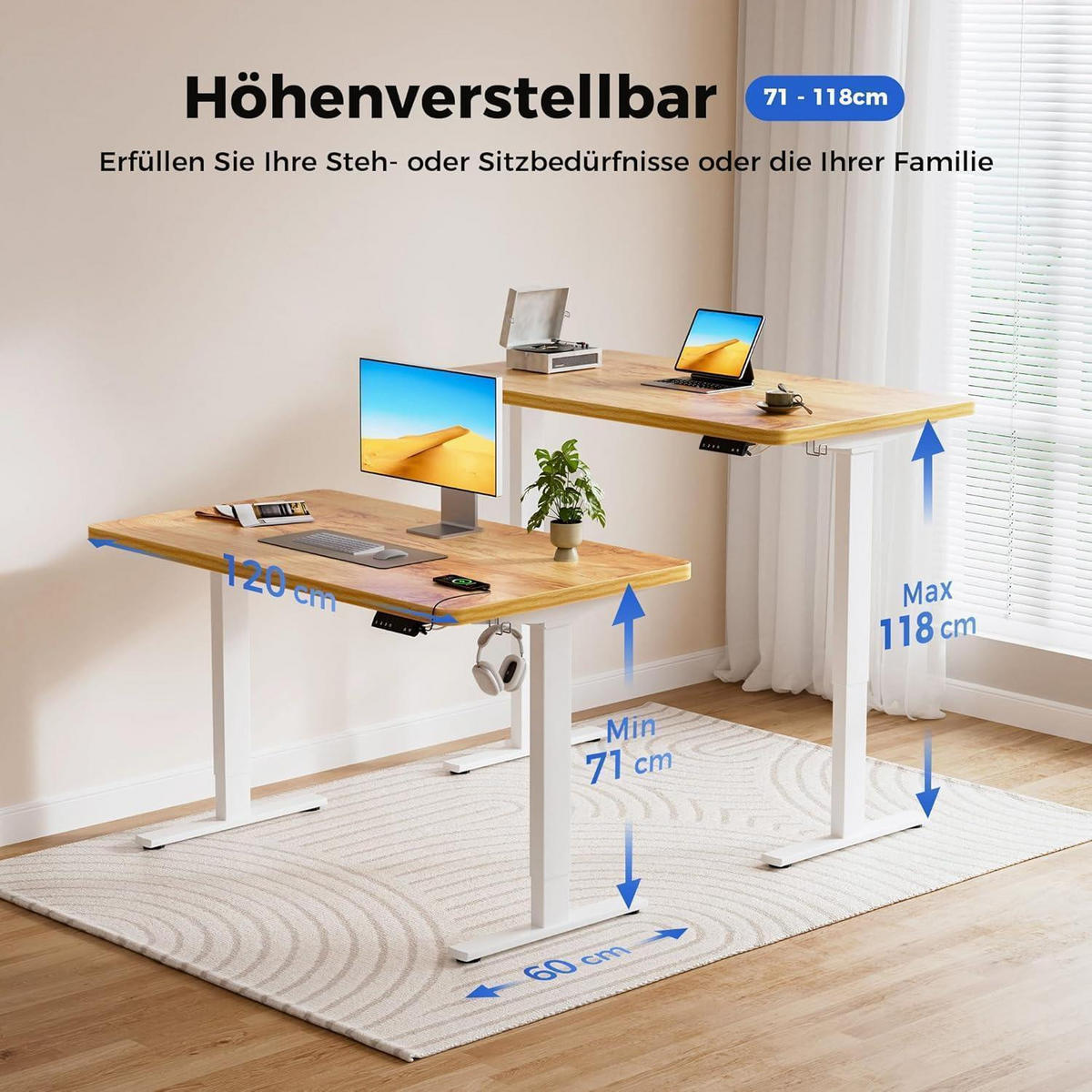 SCHREIBTISCH höhenverstellbar 120 x 60 cm Hellbraun - Braun, Holz (120/60/75cm)