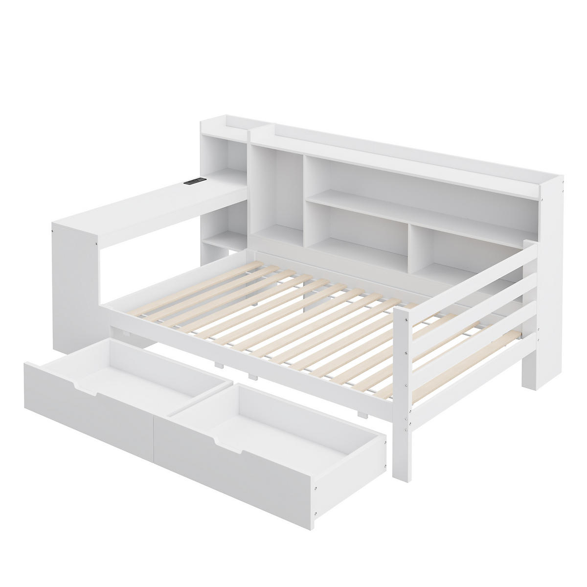 MULTIFUNKTIONSBETT 90/200 cm weiß aus Massivholz mit Schreibtisch und Steckdose - Weiß, Holzwerkstoff (90/200cm) - OKWISH