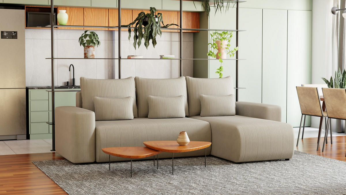 ECKSOFA Travis mit Bettkasten und Schlaffunktion, L-Form, Cord, Universal - Beige, Holzwerkstoff (248/148cm) - 4ALL HOME