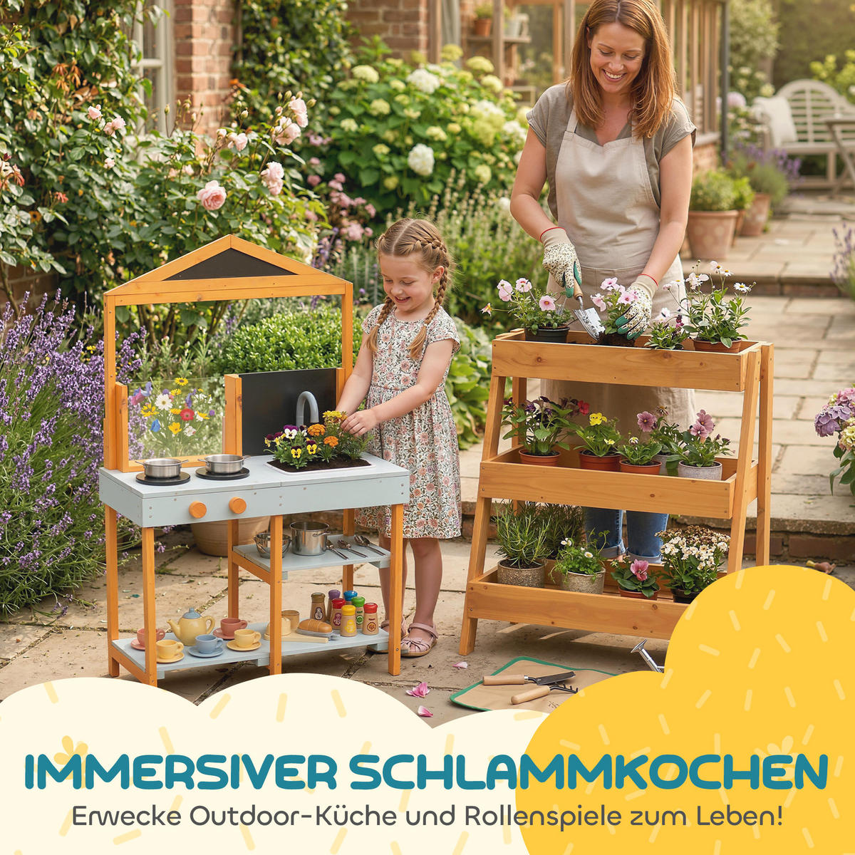 OUTDOOR-KINDER-MATSCHKÜCHE Tannenholz Edelstahl Hellblau - Hellblau, Holz (33.5/69cm) - AIYAPLAY