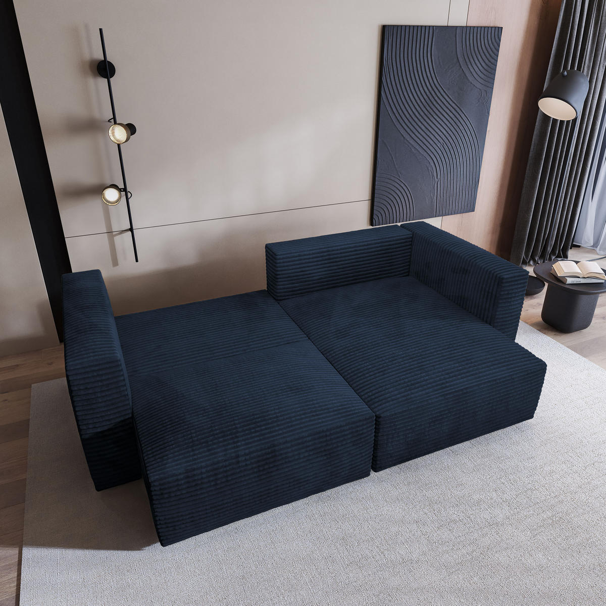 ECKSOFA NERIO Blau Kordstoff mit Schlaffunktion - Blau, Holz (245/148cm) - MASSENO