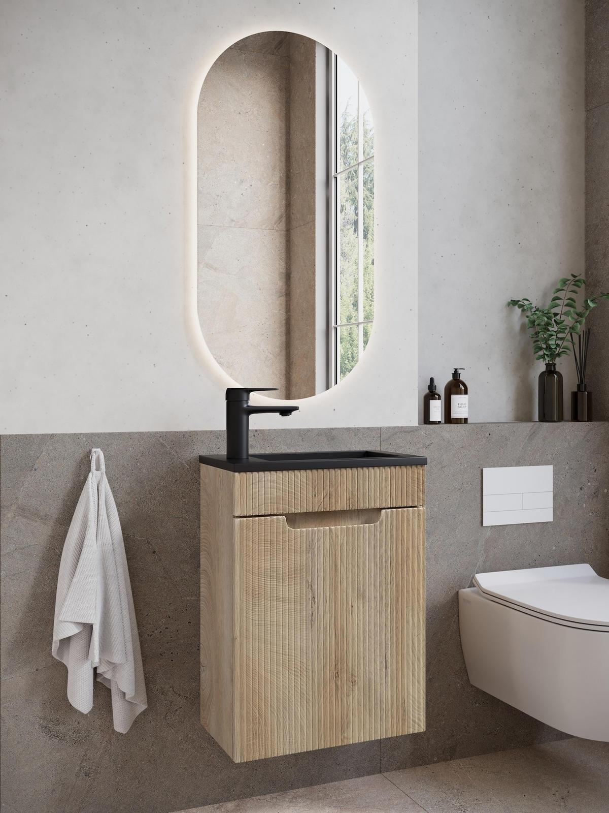 GÄSTE-WC-MÖBELSET Thermis 2 Teile Eiche Hell - Schwarze Waschbecken - 40 x 22 x 53 cm - Eichefarben, Holz (40/53/22cm) - Badplaats