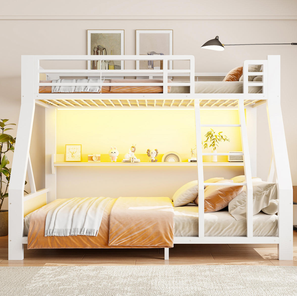 ETAGENBETT aus Metall und Holz 90x200/140x200 cm Weiß mit LED-Beleuchtung und Ablagefach - Weiß, Metall (90/200cm) - Modfu