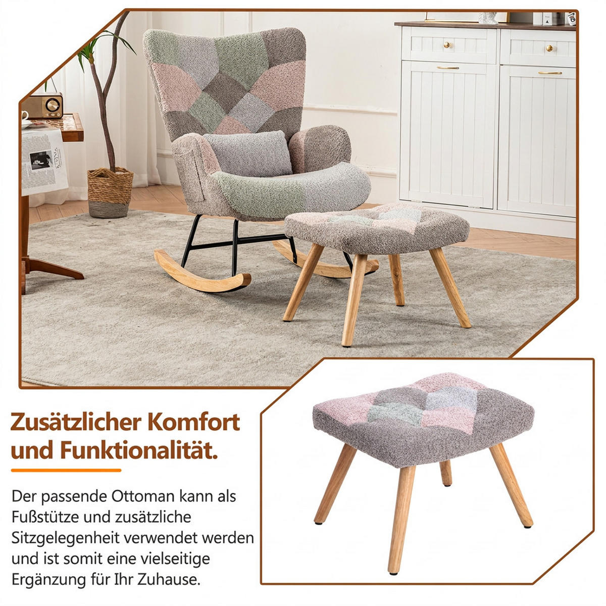 SCHAUKELSTUHL Farbenfroh mit 1 Fußstütze und 1 Lendenkissen - Multicolor, Textil (68/91/83cm) - Oxeza