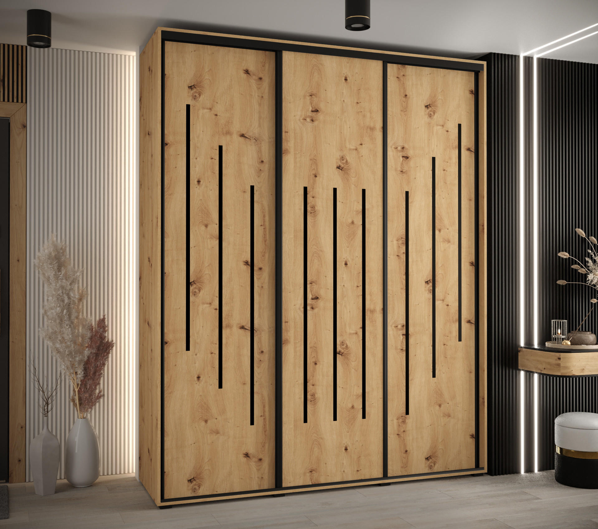 SCHWEBETÜRENSCHRANK 235,2/190/60 3-türig - Schwarz/Eiche Artisan, Holz/Metall (190/235/60cm) - Abiks Möbel