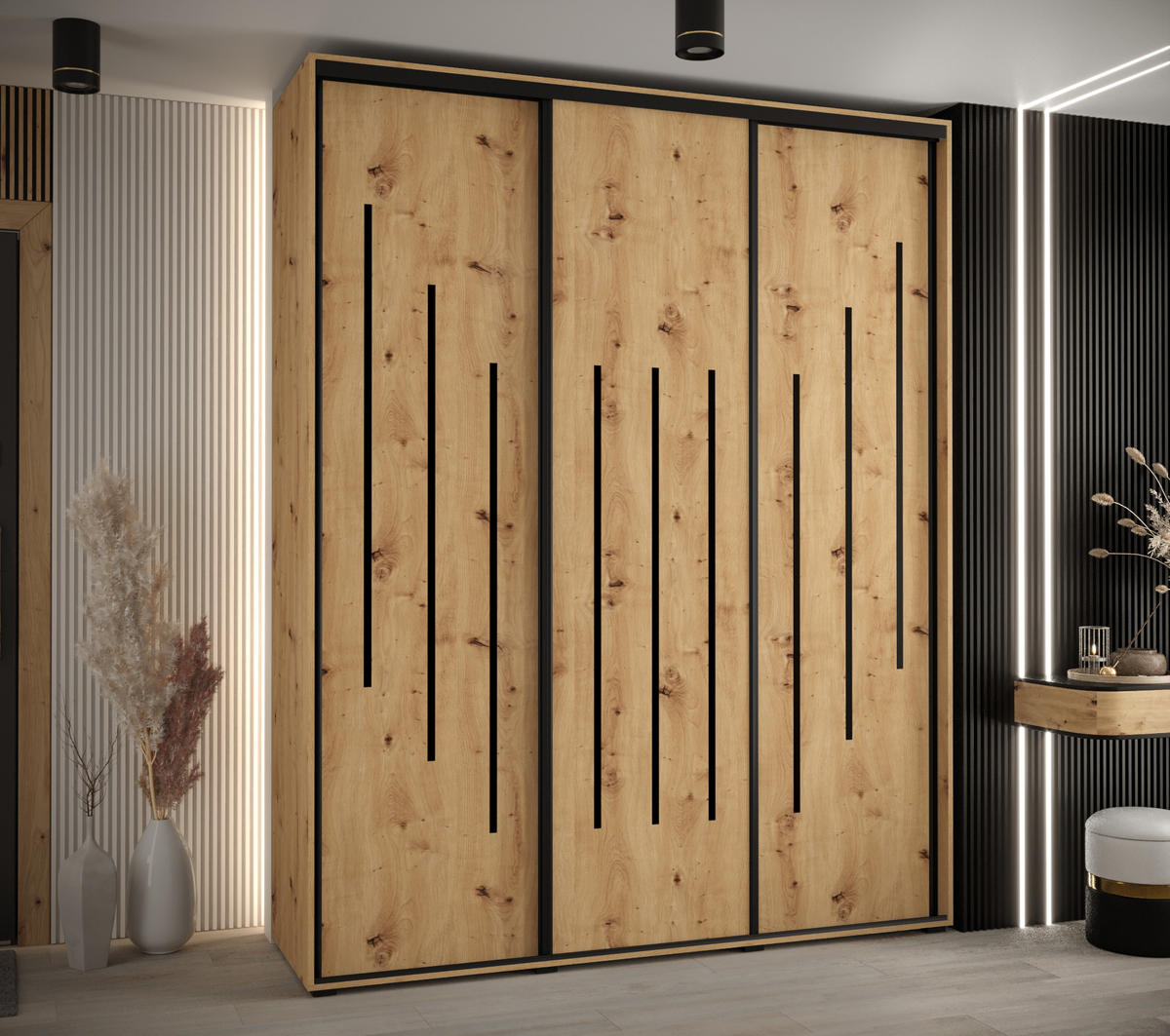 SCHWEBETÜRENSCHRANK 235,2/190/60 3-türig - Schwarz/Eiche Artisan, Holz/Metall (190/235/60cm) - Abiks Möbel