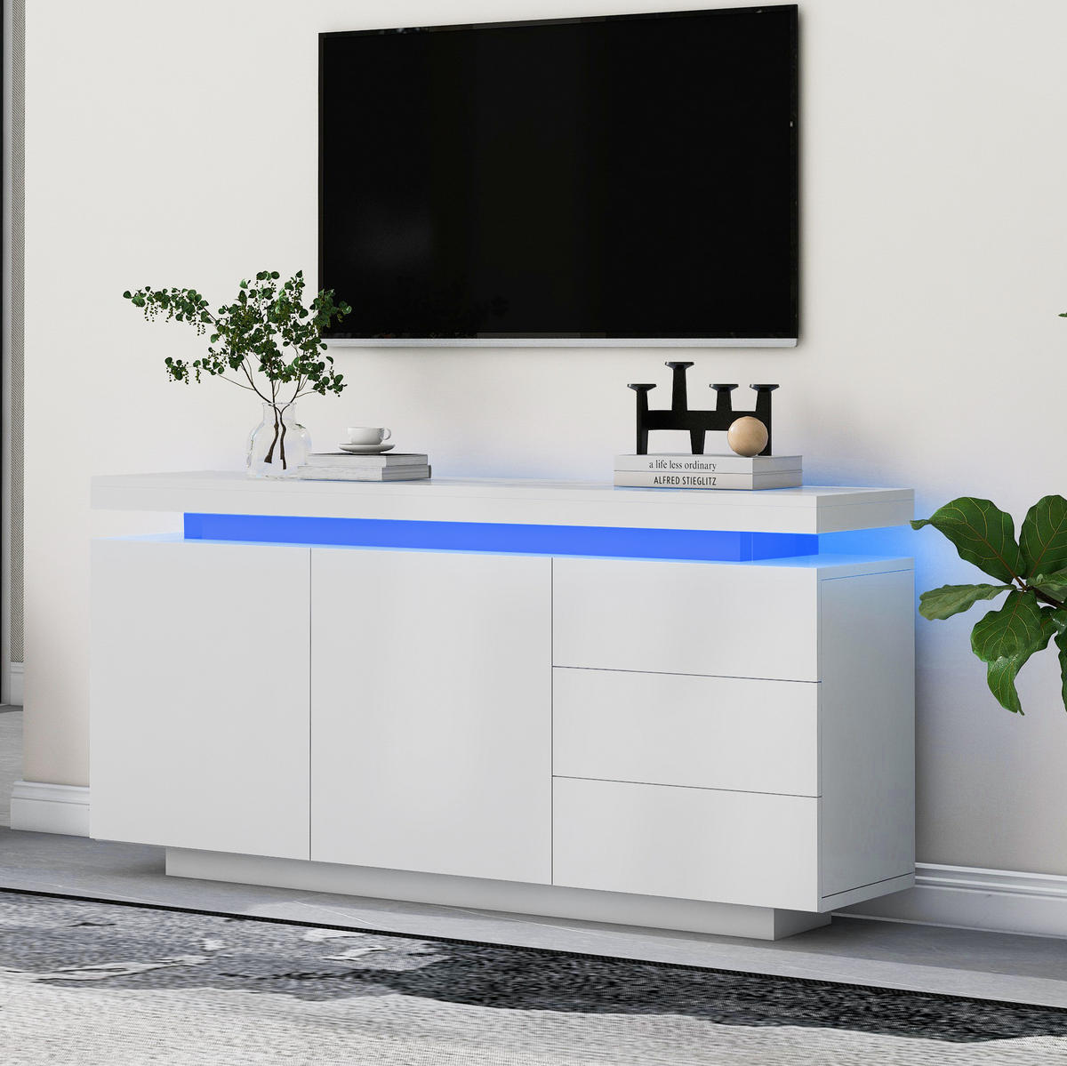 SIDEBOARD mit LED 140 x 35 x 72,5 cm Weiß Hochglanz 2 Türen 3 Schubladen - Weiß, Holzwerkstoff (140/72/38cm) - Meubliv