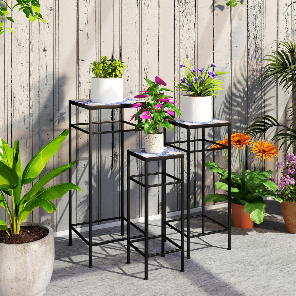 Pflanzenständer 3er Set Metall Fliesen Blau - Blau, Metall (28/71/28cm) - Outsunny