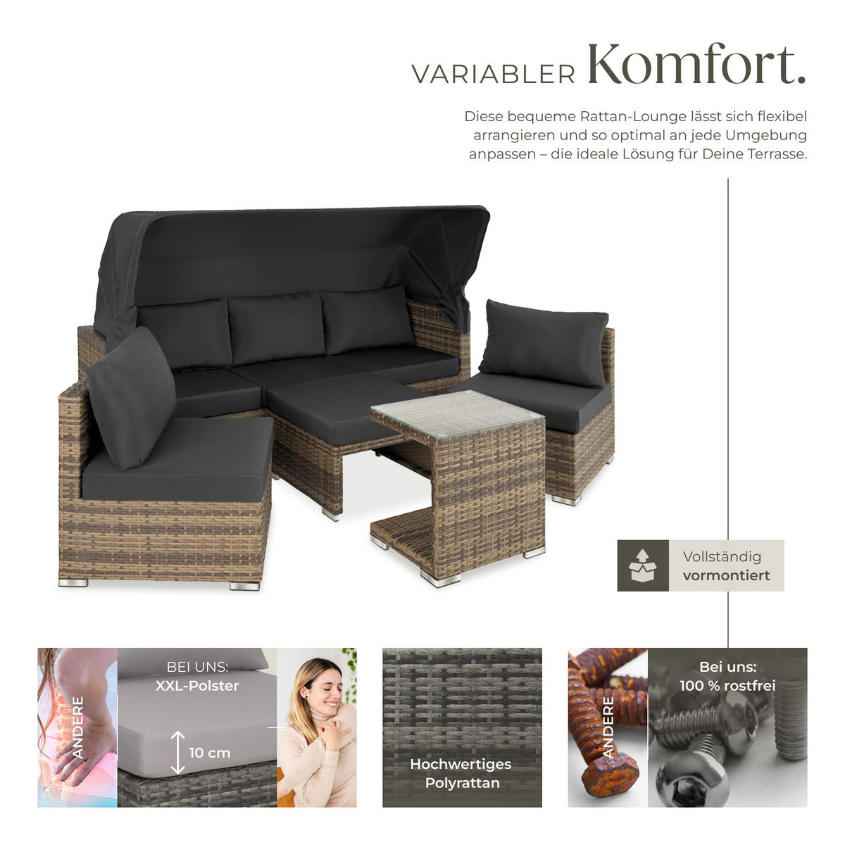 RATTANLOUNGE San Marino,mit Sicherheitsglasplatte, variabel aufstellbar,natur - Naturfarben, Kunststoff (68/131cm) - tectake