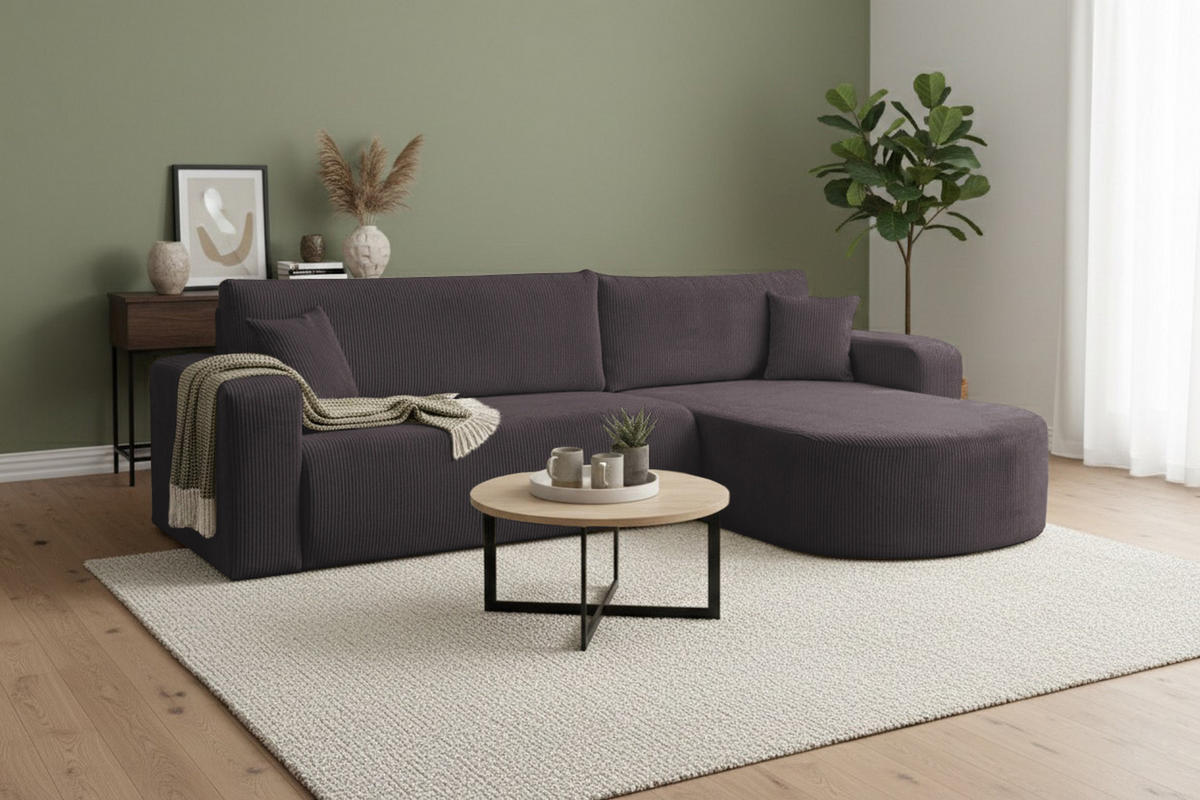 ECKSOFA TOKIO mit Schlaffunktion und Bettkasten, Farbe: Dunkelgrau, Cordstoff, Ottomane Universal - Dunkelgrau, Textil (275/170cm)