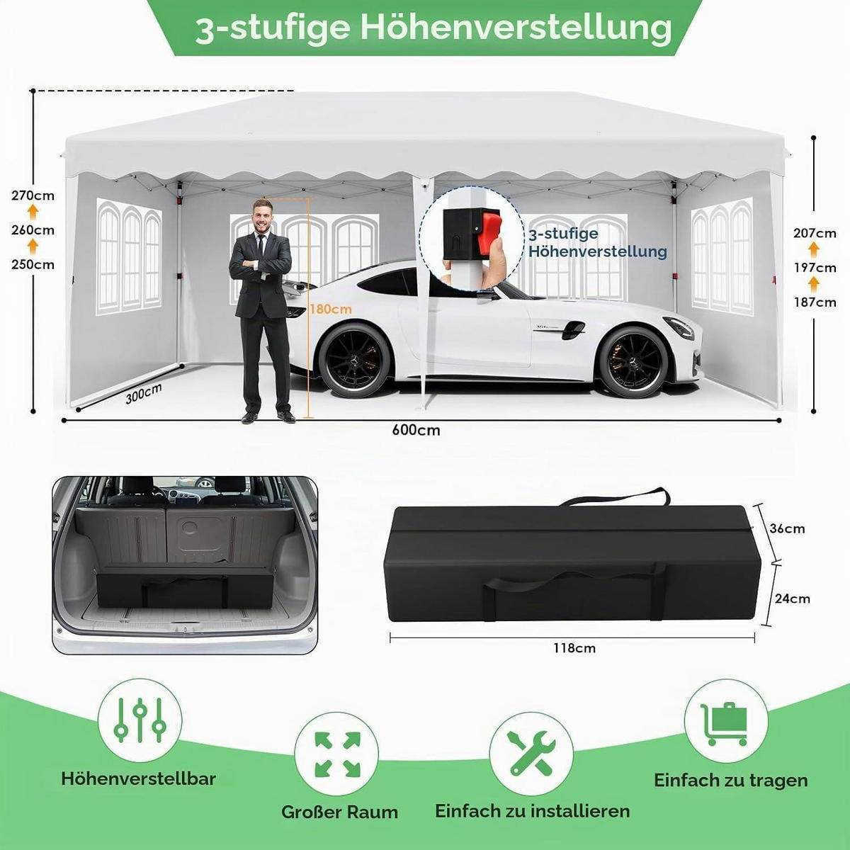 PAVILLON 3x6 m Wasserdicht Höhenverstellbar mit 6 Seitenteilen Weiß - Weiß, Textil (300/270/600cm)