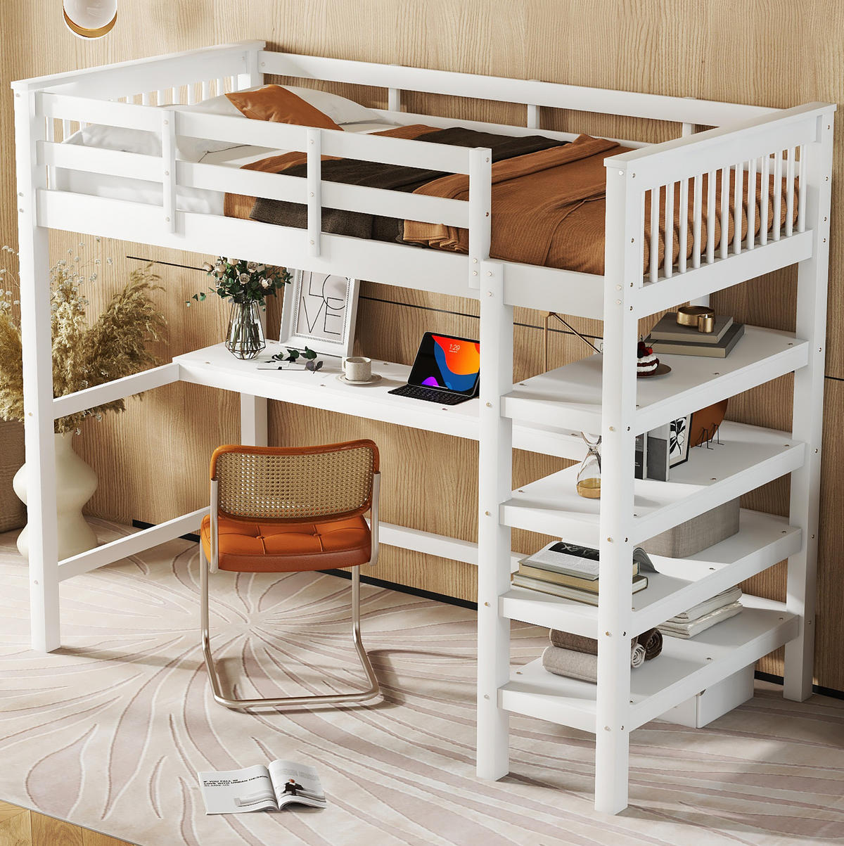 HOCHBETT 90/200 cm Weiß aus Kiefernholz und MDF mit Schreibtisch und Ablagefächern - Weiß, Holzwerkstoff (90/200cm) - OKMYHOME