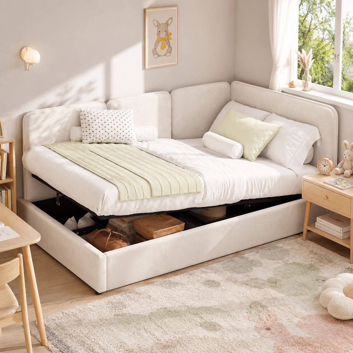 POLSTERBETT 90x200 Hydraulik Samt Beige - Beige, Textil (90/200cm) - FLIEKS
