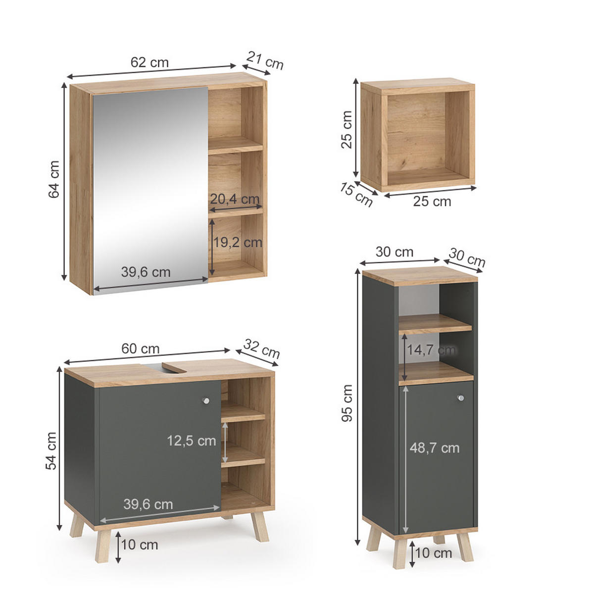 BADMÖBEL-SET Senyo Anthrazit 4 Teile, mit Hängeschrank - Honigeiche/Anthrazit, Holzwerkstoff (62/54/32cm) - Vicco