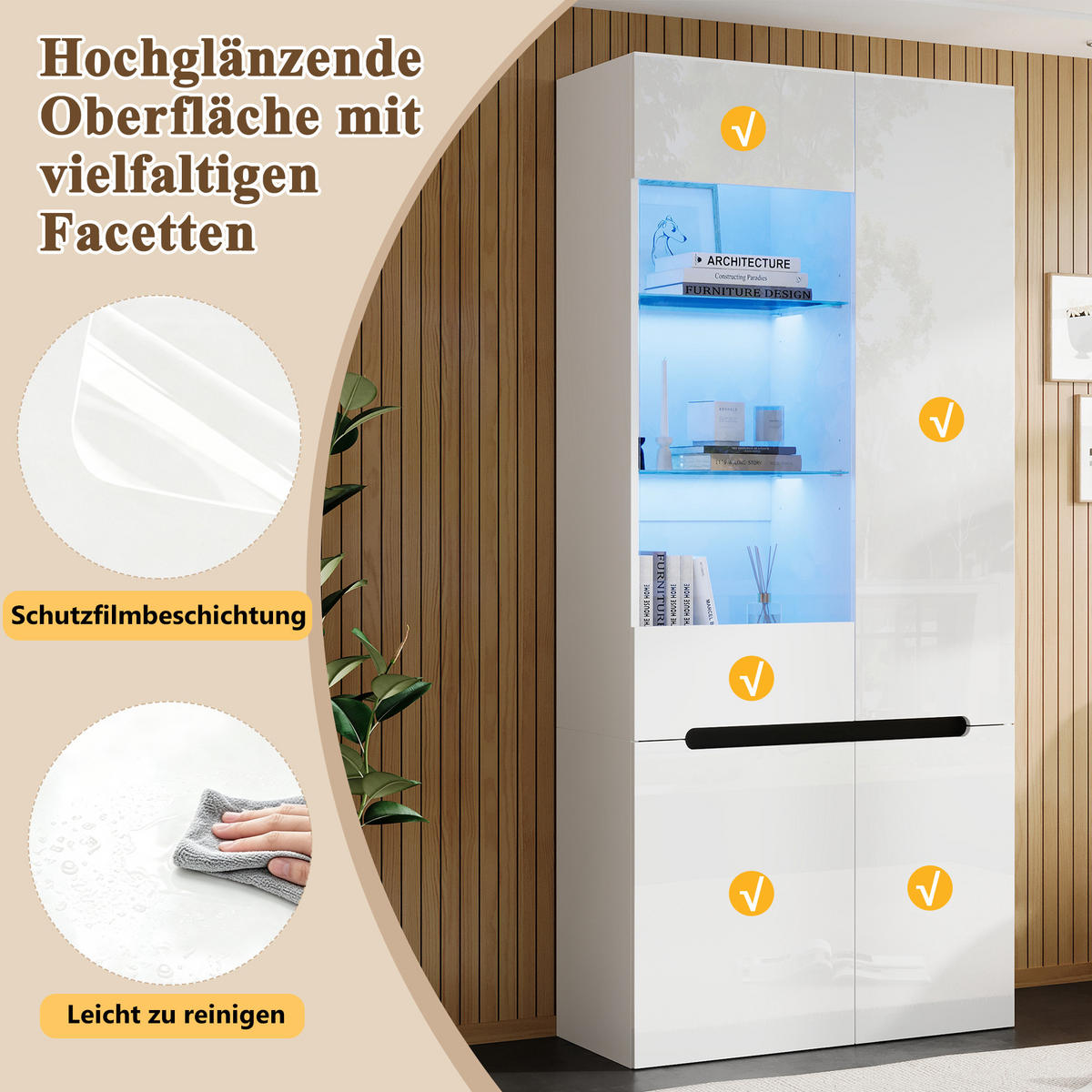 VITRINE 80x35x180 cm Weiß mit LED und 4 Glastüren - Weiß, Holzwerkstoff (80/180/35cm) - FLIEKS