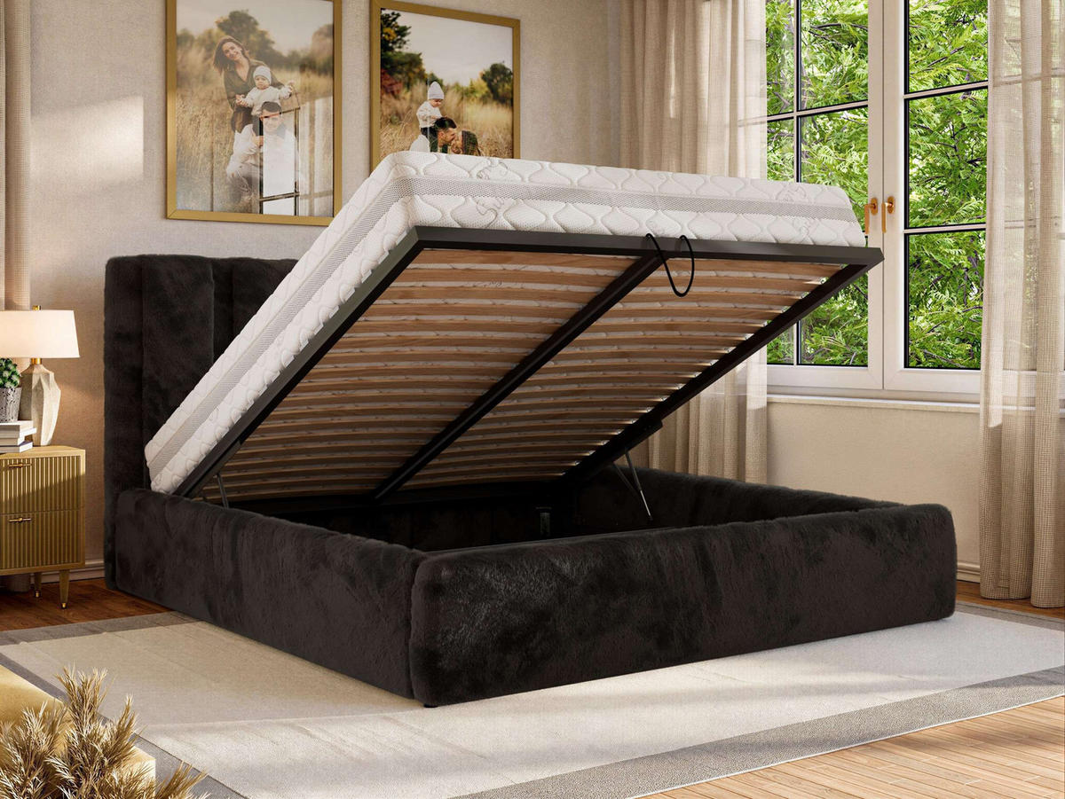 POLSTERBETT SAVINO CLASSIC 160/200 - Schwarz Plüsch - Multipocket-Matratze - Schwarz, Textil (160/200cm) - MKS