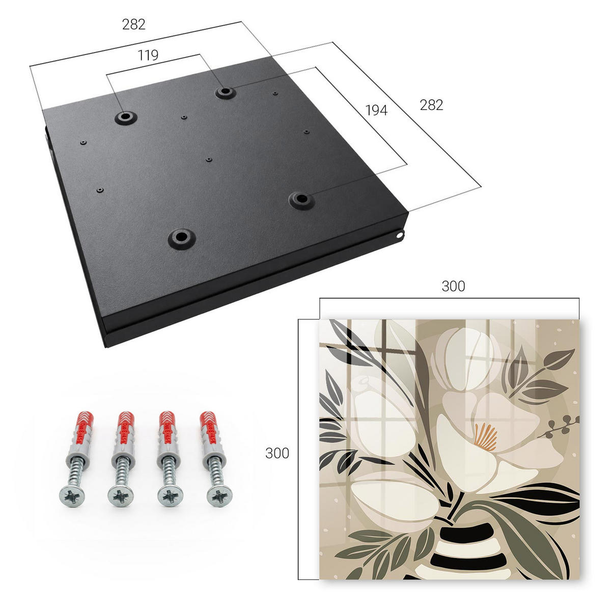 SCHLÜSSELBOX Schwarz 30x30 cm- Türöffnung nach rechts - Floraler Minimalismus - Beige, Metall (30/30/5cm) - TULUP