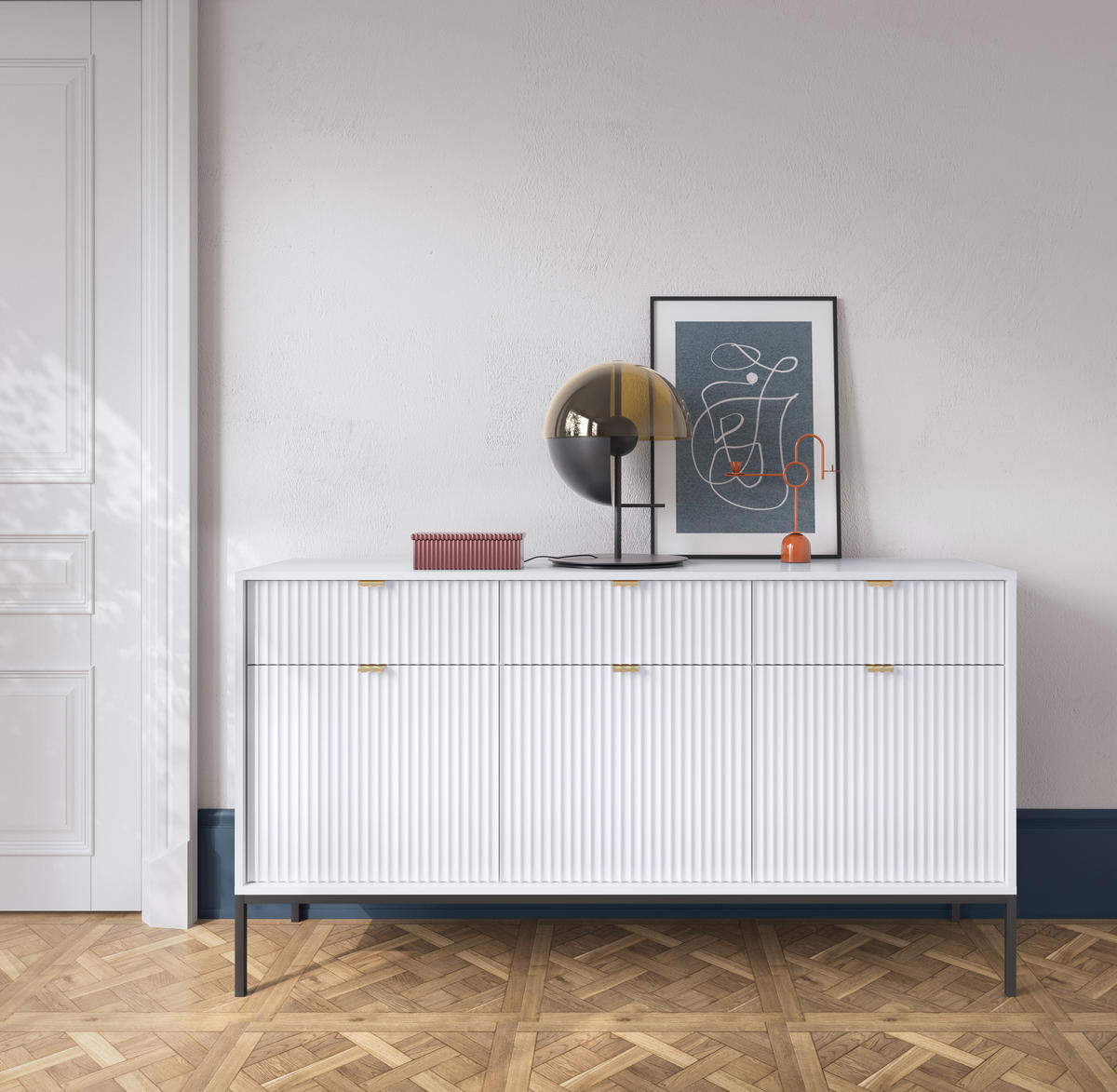 SIDEBOARD Eternas 3T 3S Weiß 154/83/39 cm – schwarze Füße, mit geriffelten Fronten - Schwarz/Weiß, Holzwerkstoff (154/83/39cm) - AX Living