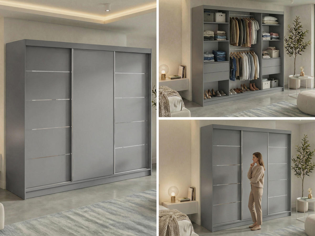 SCHWEBETÜRENSCHRANK mit Schubladen 240 - MACEDONIA - Grau - Alufarben/Grau, Holzwerkstoff/Metall (240/216/61cm) - MKS