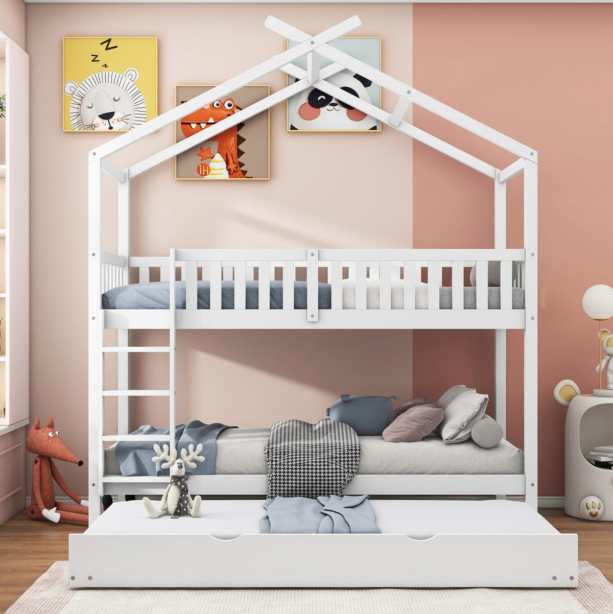KINDERBETT 90/200 cm mit Ausziehbett, in 3 Einzelbetten teilbar aus massivem Kiefern, Weiß - Weiß, Holzwerkstoff (90/200cm) - Redom