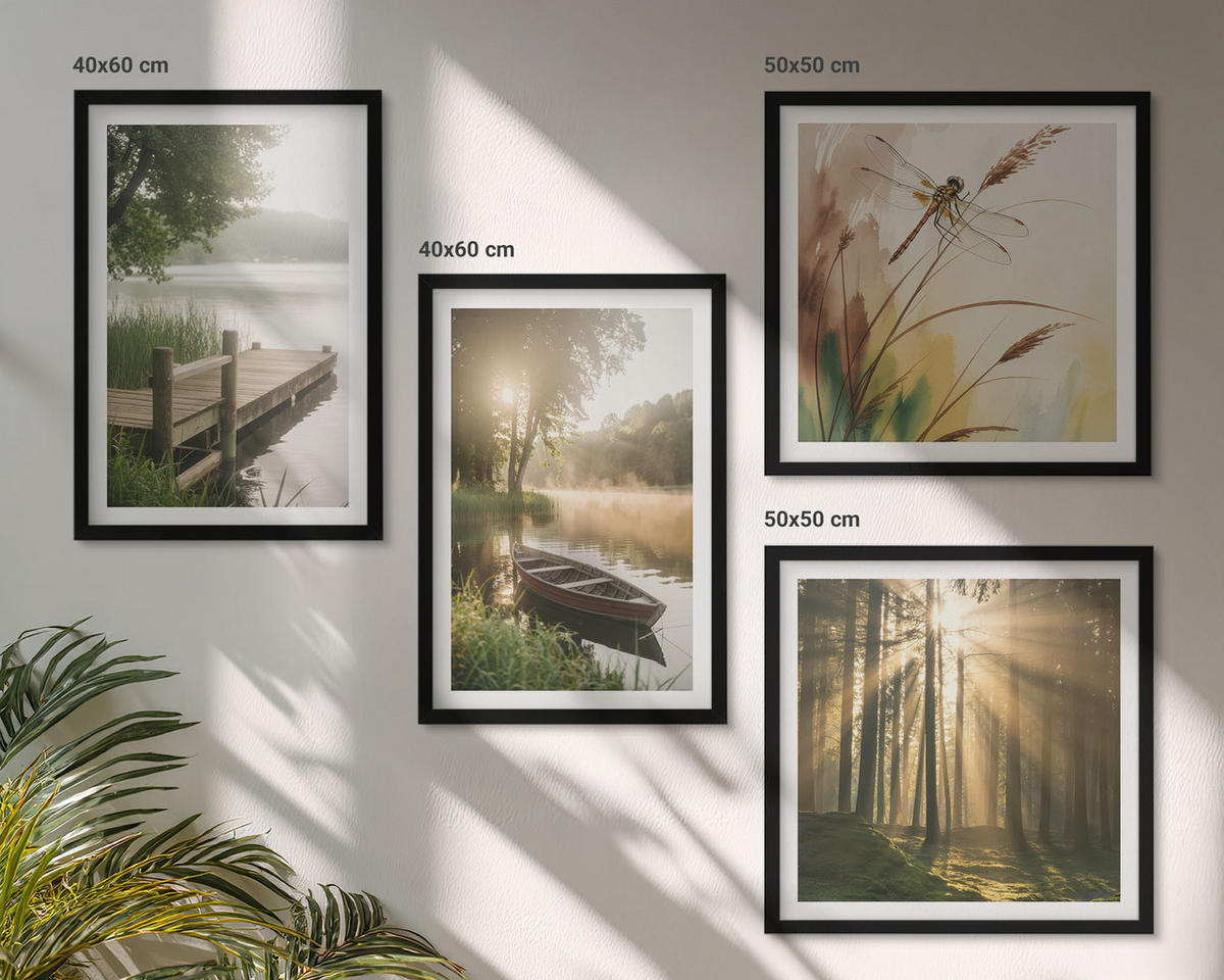 BILDER SET 4er Set - 50x50 cm & 40x60 cm Schwarzer Rahmen - See, Wald, Boot, Morgennebel - Schwarz, Kunststoff (50/50cm) - TULUP