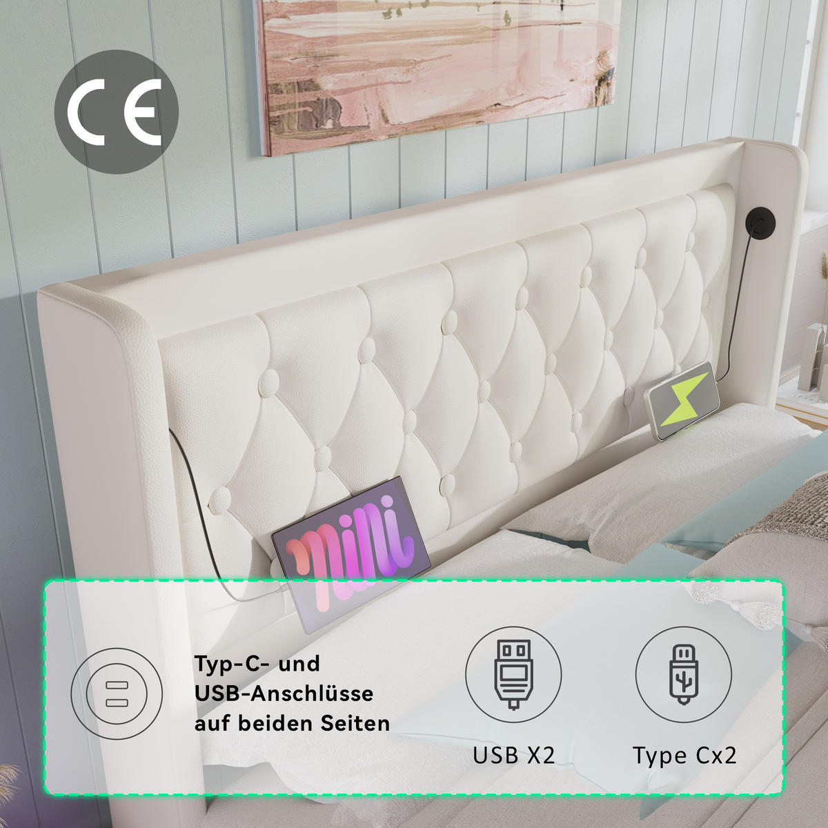 POLSTERBETT 160/200 cm mit LED, USB Typ-C und hydraulischem Bettkasten, PU,und Matratze, Weiß - Weiß, Kunststoff (160/200cm) - Redom