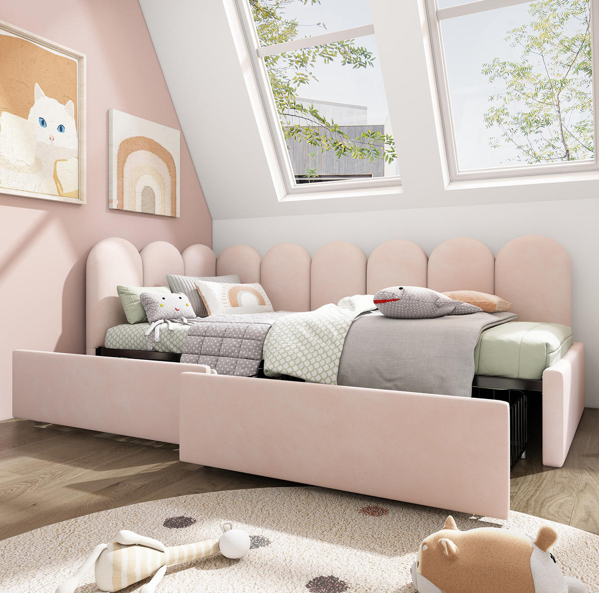 POLSTERBETT aus Samt 90x190 cm in Rosa mit 2 Schubladen - Rosa, Textil (90/190cm) - Modfu