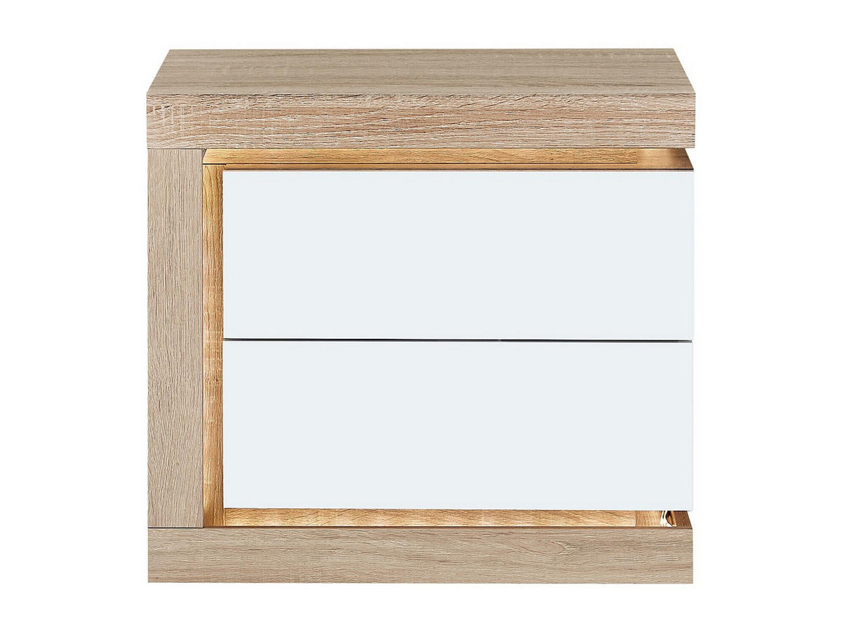 NACHTTISCH mit 2 Schubladen - linke Seite - Mit LED-Beleuchtung - Weiß lackiert und Holzfarben - FLARANCIA - Naturfarben, Holz (50/45/40cm) - Vente-Unique
