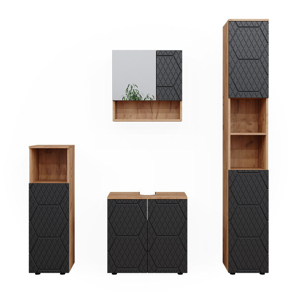 BADMÖBEL-SET Irma Anthrazit gestreift 4 Teile, mit Hochschrank - Honigeiche/Anthrazit, Holzwerkstoff (80/58.6/41cm) - Vicco