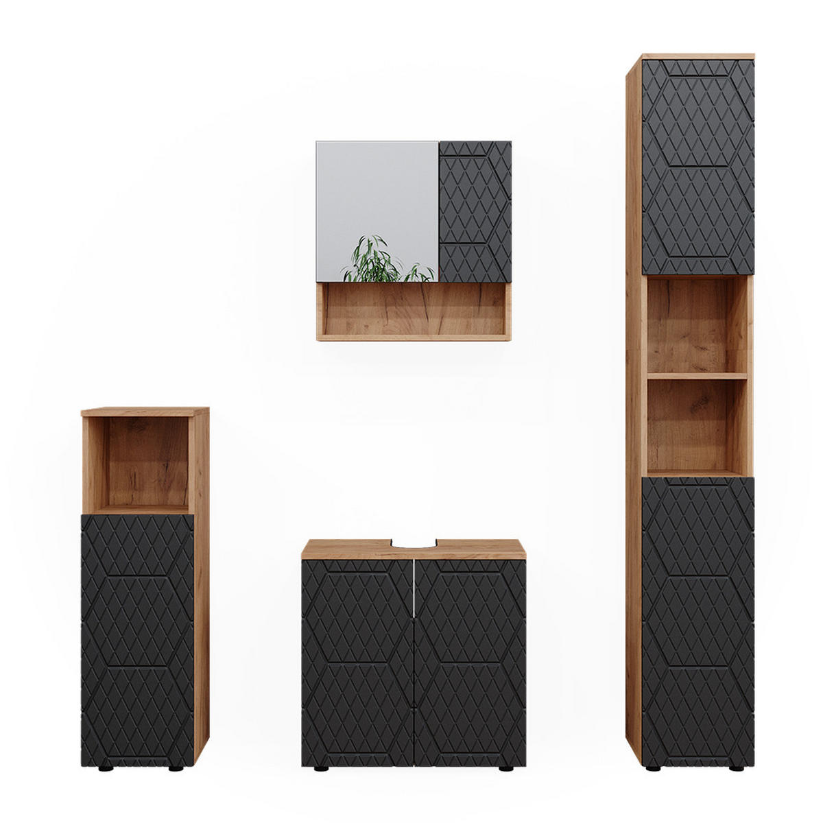 BADMÖBEL-SET Irma Anthrazit gestreift 4 Teile, mit Hochschrank - Honigeiche/Anthrazit, Holzwerkstoff (80/58.6/41cm) - Vicco